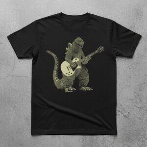 Godzilla Playing Guitar Kaiju Rock Music Black Funny Graphic Tee
